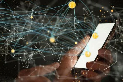 3D rendered digital network hovering in man's hand Stock Photos