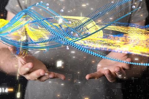 3D rendered digital network hovering in man's hand Stock Photos