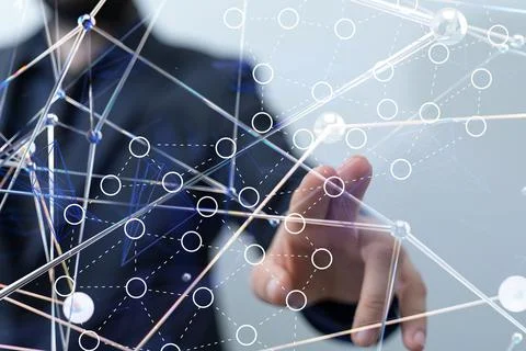 3D rendered digital network hovering in mans hand Stock Photos