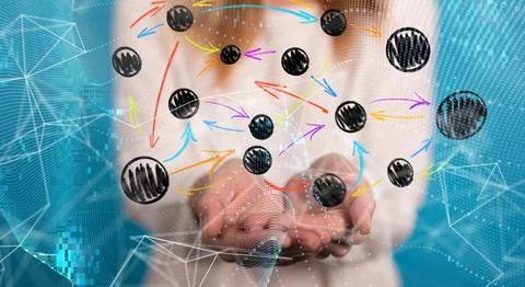 3D rendered digital network hovering in mans hand Stock Photos
