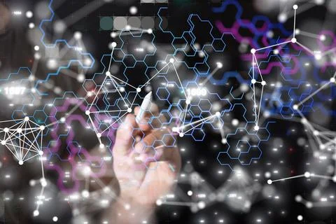 3D rendered digital network hovering in mans hand Stock Photos