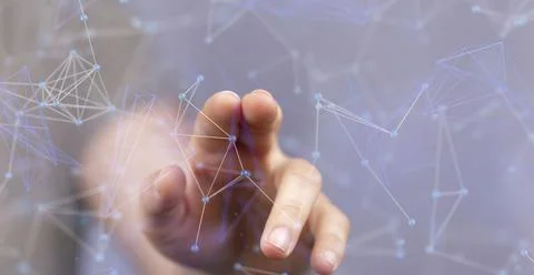 3D rendered digital network hovering in mans hand Foto stock