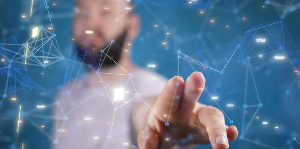 3D rendered digital network hovering in mans hand Stock-Fotos