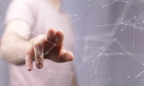 3D rendered digital network hovering in mans hand 스톡 사진