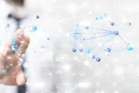 3D rendered digital network hovering in mans hand Stock Photos