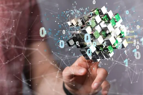 3D rendered digital network hovering in mans hand Fotos de archivo