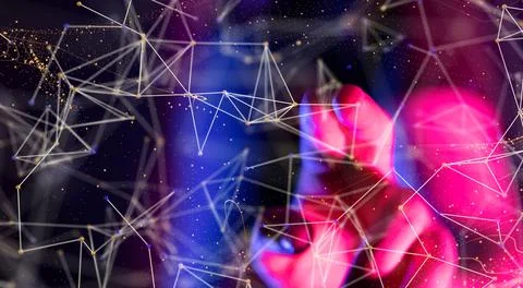 3D rendered digital network hovering in mans hand Stock-Fotos