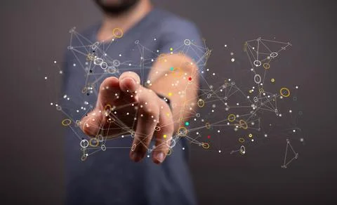 3D rendered digital network hovering in mans hand Foto stock