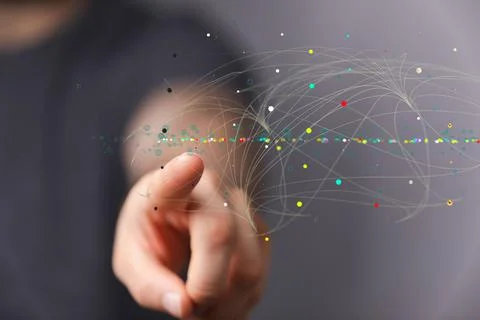 3D rendered digital network hovering in mans hand Stock Photos