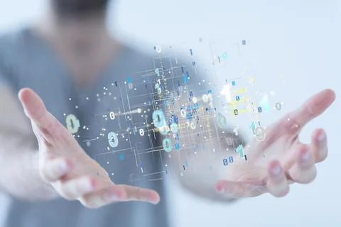 3D rendered digital network hovering in mans hand Photos