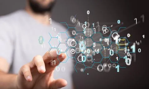 3D rendered digital network hovering in mans hand Stockfoto's