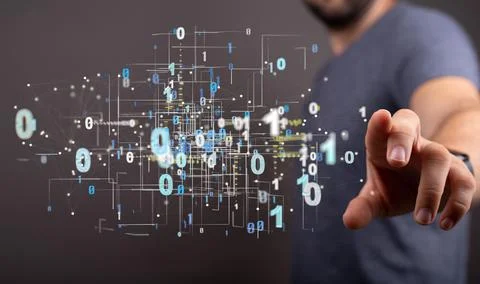 3D rendered digital network hovering in mans hand 写真素材