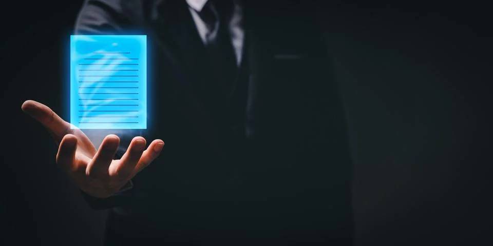 3D rendered document hovering over a man's hand - the concept of e-signing Stock Photos