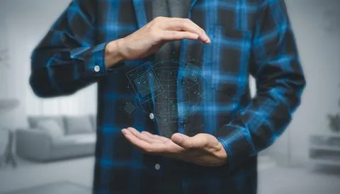 3D-rendered documents and network floating between man's palms, the concept of d Stock Photos