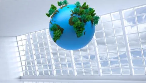 3D-rendered earth globe is floating inside white atrium, featuring grid windows Stock Illustration