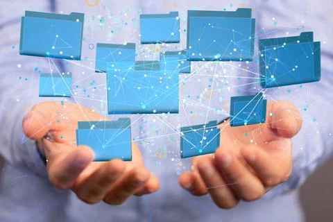 3D rendered electronic folder hovering in mans hand Fotos de archivo