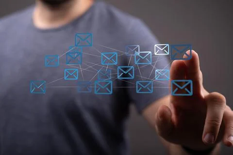 3D rendered electronic mail hovering in mans hand Fotos de archivo