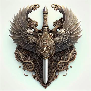 3D-rendered emblem medallion of a sword with wings before the white background Stock Illustration