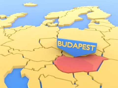 3D rendered Europe map focused on Hungary, Budapest. Stock Illustration