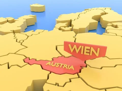 3D rendered Europe map focused on Austria, Vienna. Stock Illustration