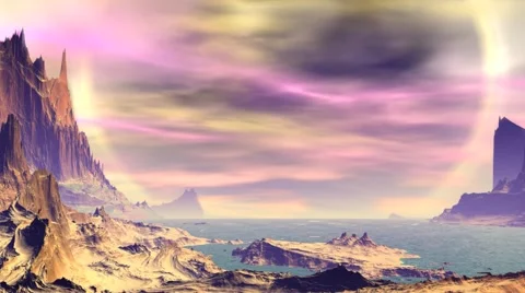 3d rendered fantasy alien planet. rocks and sea Stock Footage 45484507