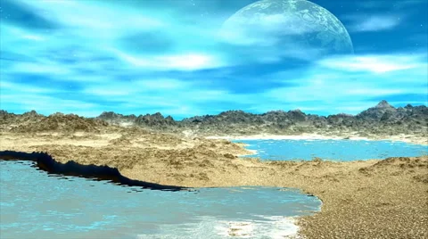 3D rendered fantasy alien planet. Rocks and lake Stock Footage 46980769