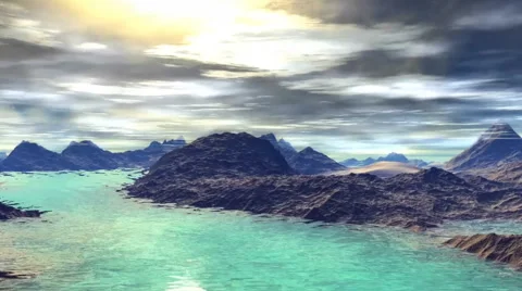 3D rendered fantasy alien planet. Rocks and lake Stock Footage 46984118