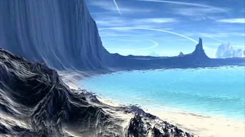 3D rendered fantasy alien planet. Rocks and lake Stock Footage 46985439