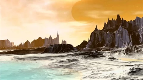 3D rendered fantasy alien planet. Rocks and lake Stock Footage 46985470