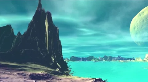 3D rendered fantasy alien planet. Rocks and  moon Stock Footage 48485397
