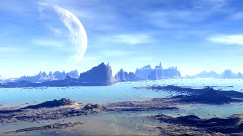 3D rendered fantasy alien planet. Rocks and  moon Stock Footage 48576509