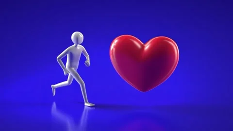 3D Rendered Figure Joyfully Running Towards Large Red Heart on Vibrant Blue.. Stock Footage 314069453