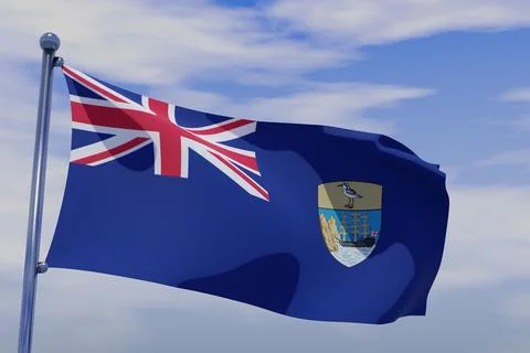 3D rendered flag of Saint Helena with a chrome flagpole waving in the blue sky 스톡 일러스트