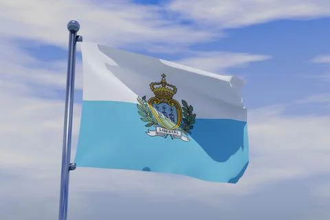 3D rendered flag of San Marino with a chrome flagpole waving in the blue sky Illustrazione stock