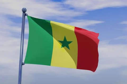3D rendered flag of Senegal with a chrome flagpole waving in the blue sky Illustrazione stock