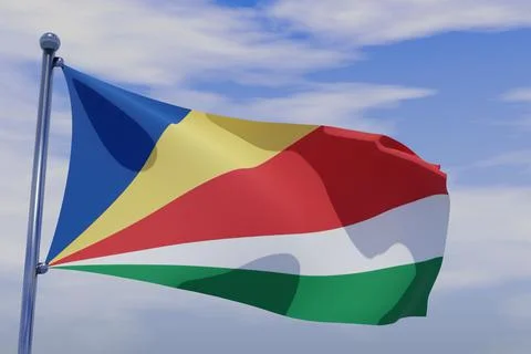 3D rendered flag of Seychelles with a chrome flagpole waving in the blue sky Stock Illustration