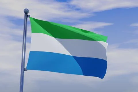 3D rendered flag of Sierra Leone with a chrome flagpole waving in the blue sky Illustrazione stock