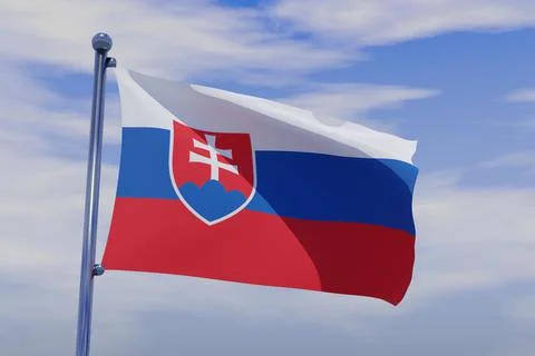 3D rendered flag of Slovakia with a chrome flagpole waving in the blue sky Illustrazione stock