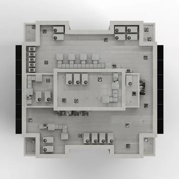 3D rendered floor plan of a contemporary office featuring concrete flooring and Stock Illustration