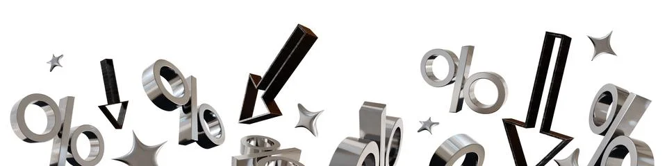 A 3D rendered footer features multiple discount signs and arrows in a dynam.. Stock Illustration