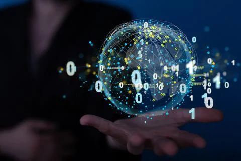 3D rendered futuristic globe with binary code hovering over a man's hand 库存照片