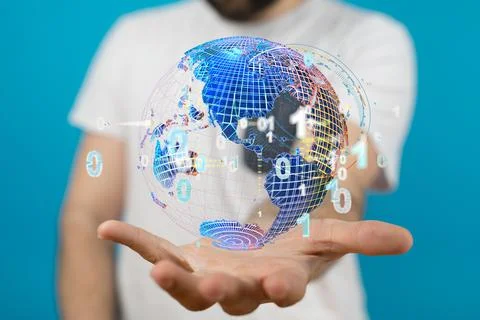 3D rendered futuristic globe with binary code hovering over a man's hand Stock Photos