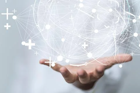 A 3D rendered futuristic globe with data connected to each other held in a pe Stockfoto's