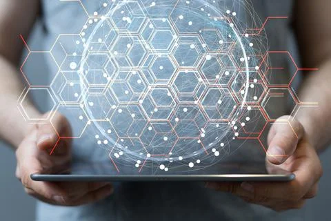 A 3D rendered futuristic globe with data connected to each other held in a pe 写真素材