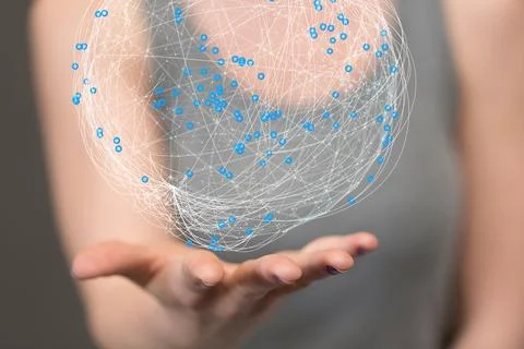 A 3D rendered futuristic globe with data connected to each other held in a pe Foto stock