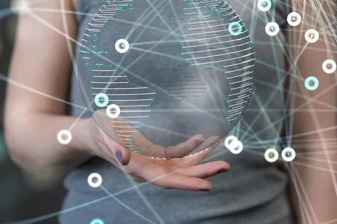 A 3D rendered futuristic globe with data connected to each other held in a pe Stock Photos