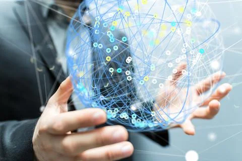 A 3D rendered futuristic globe with data connected to each other held in a pe Stockfoto's
