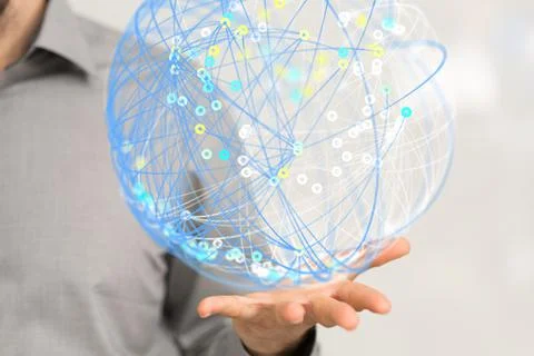 A 3D rendered futuristic globe with data connected to each other held in a pe Stock Photos