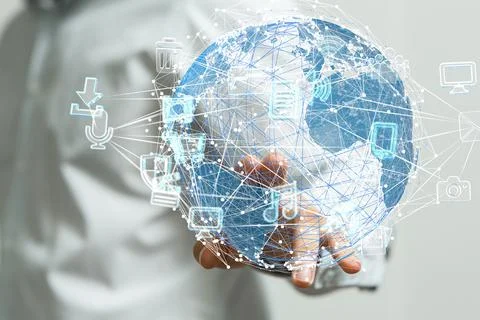 A 3D rendered futuristic globe with data connected to each other held in a pe Stockfoto's