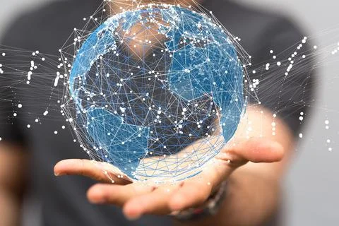 A 3D rendered futuristic globe with data connected to each other held in a pe 写真素材